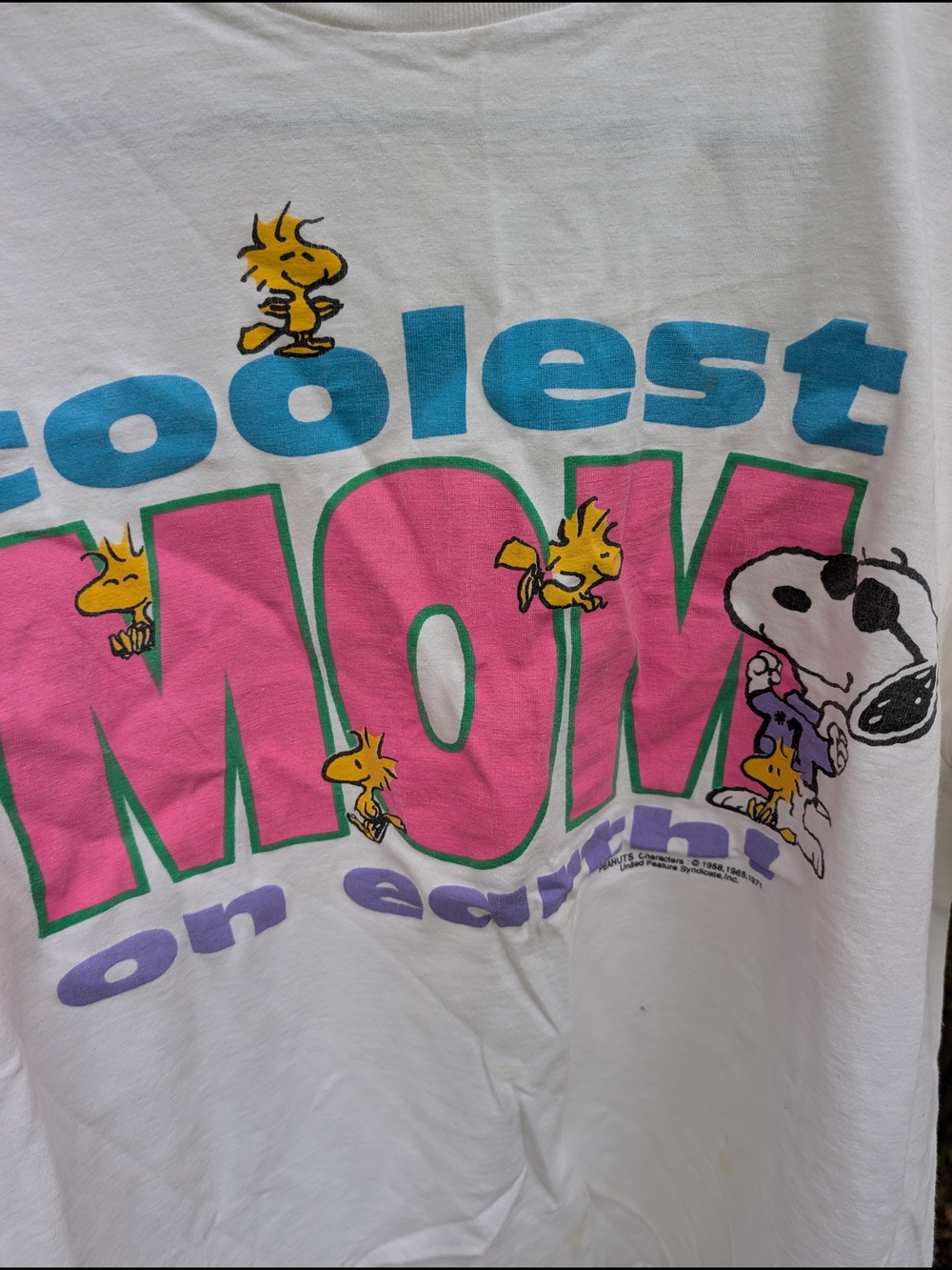 Peanuts White Tee with Pink, Blue & Yellow Graphic